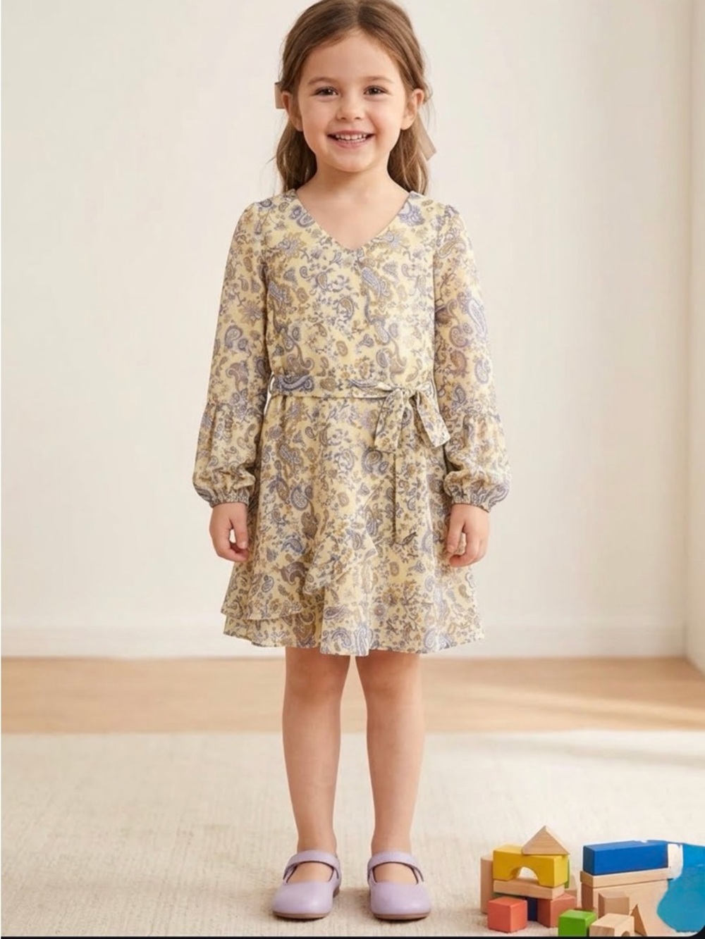 Three Hearts Cream Paisley Tie-Waist Long Sleeve Dress